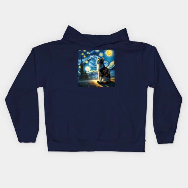 Calico Starry Night Inspired - Artistic Cat Kids Hoodie by starry_night